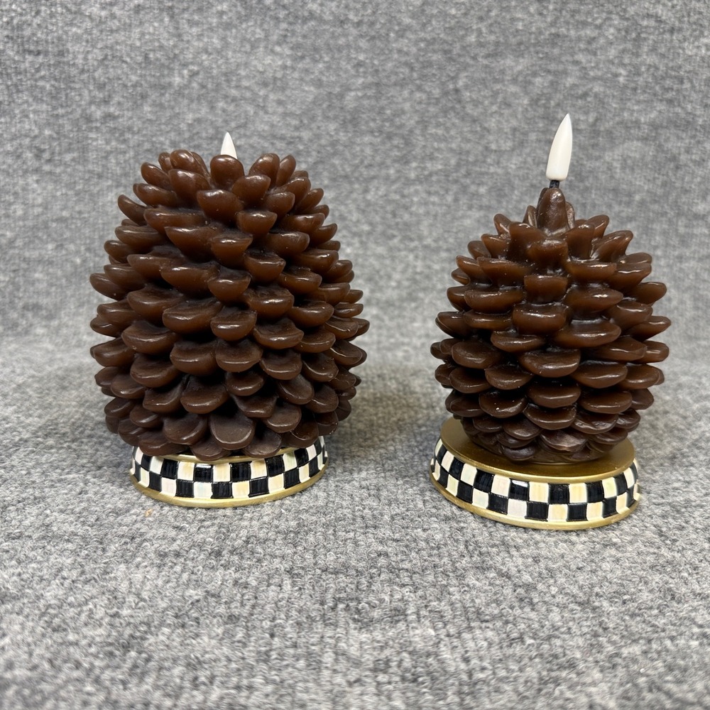 MacKenzie-Childs Pinecone Flicker LED Candles Set of 2 Courtly Check Base Decor